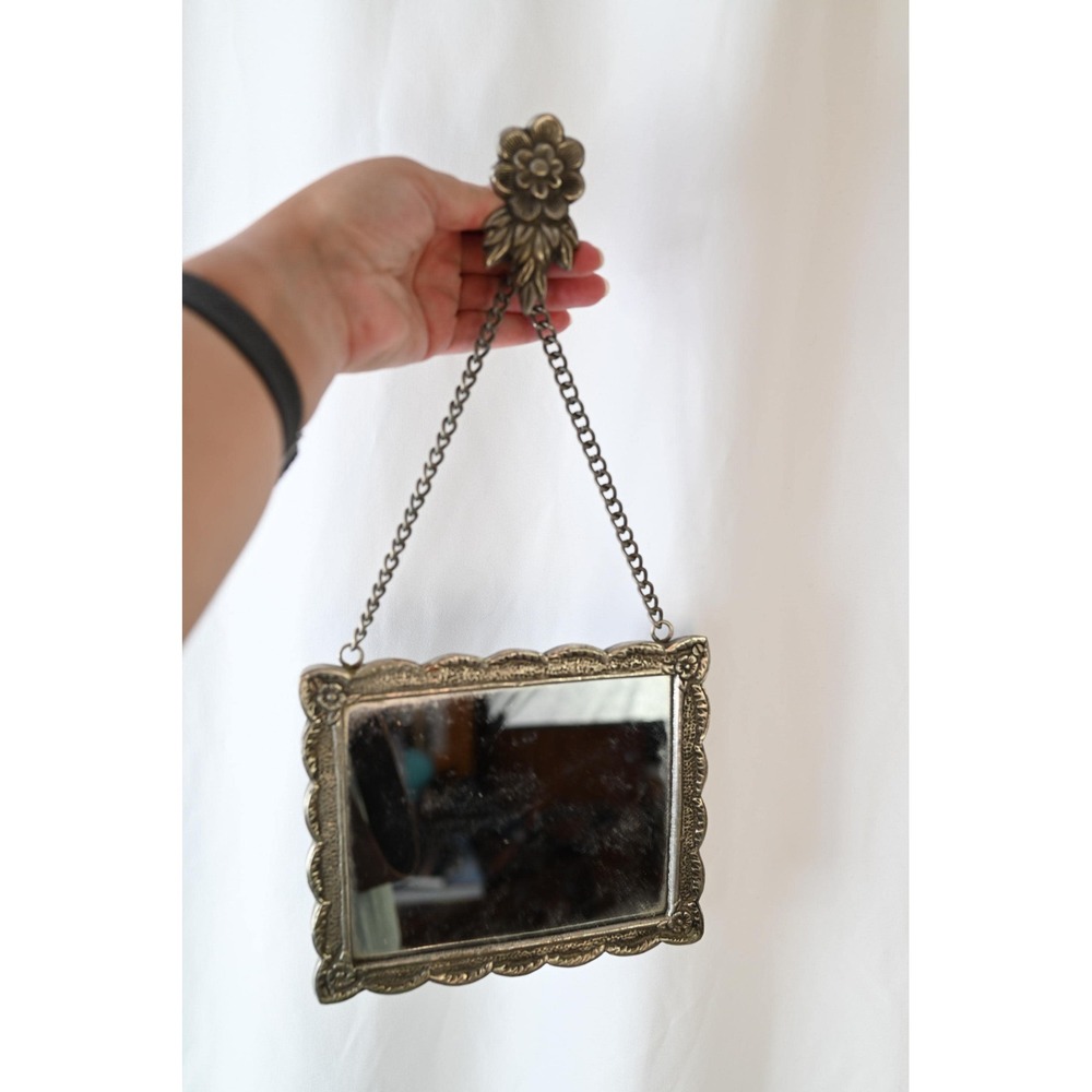 Vintage Turkish Hanging Wedding Mirror Silver Floral Repousse Wall Decor 6x7